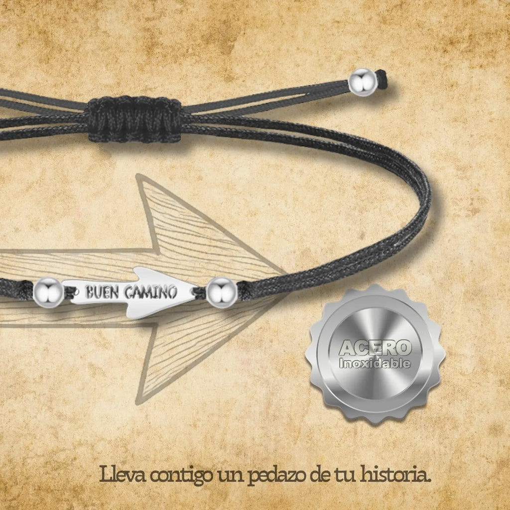 Pulsera Hilo Encerado con la Flecha Camino de Santiago Acero Plateado acabado