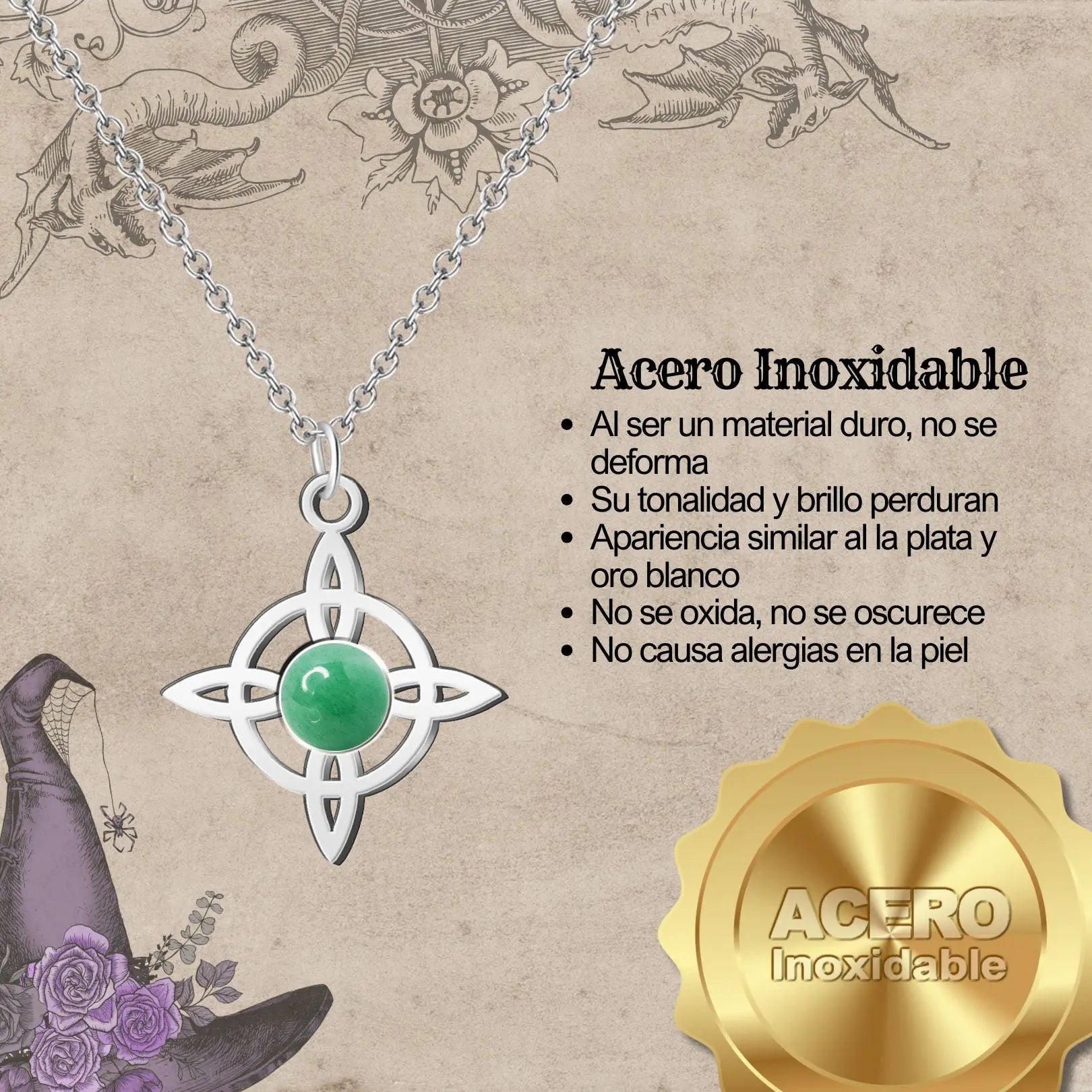 Colgante Nudo de Bruja Acero con Aventurina Verde - cotigo