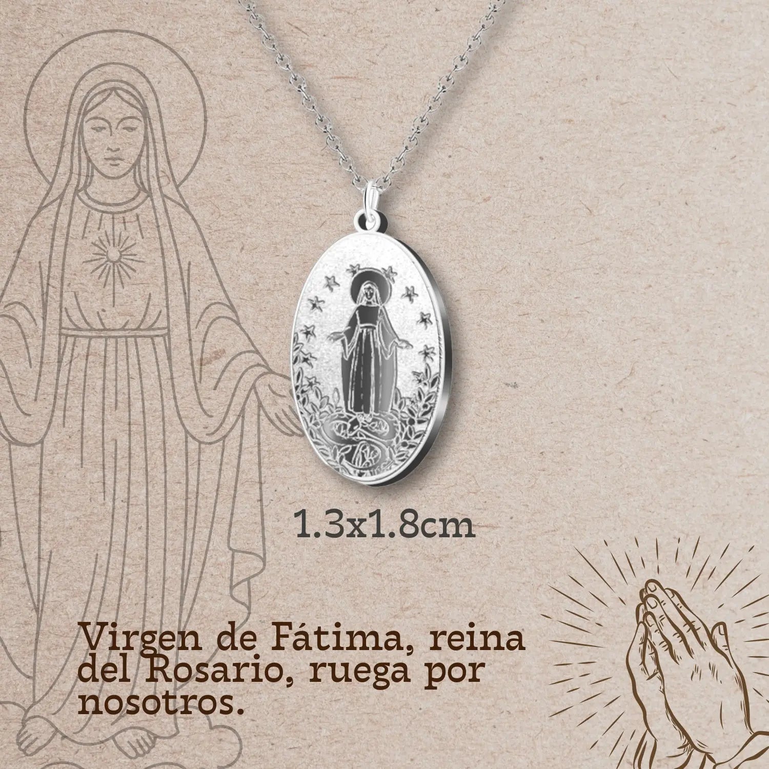 Collar Virgen de Fátima con Medalla en Acero Plateado textura