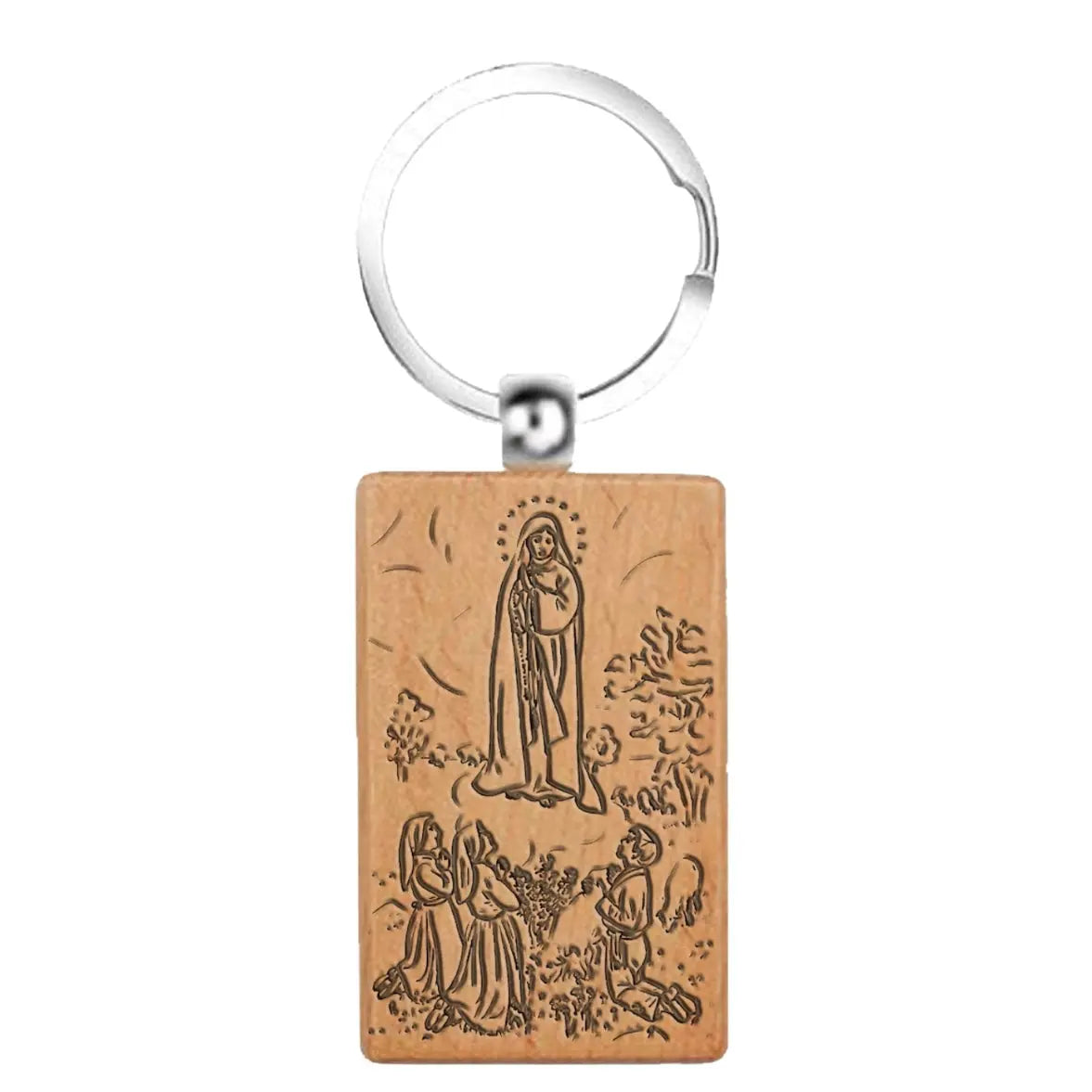 Llavero de madera natural Virgen de Fátima grabado láser imagen aparición pastorcitos regalo religioso rústico