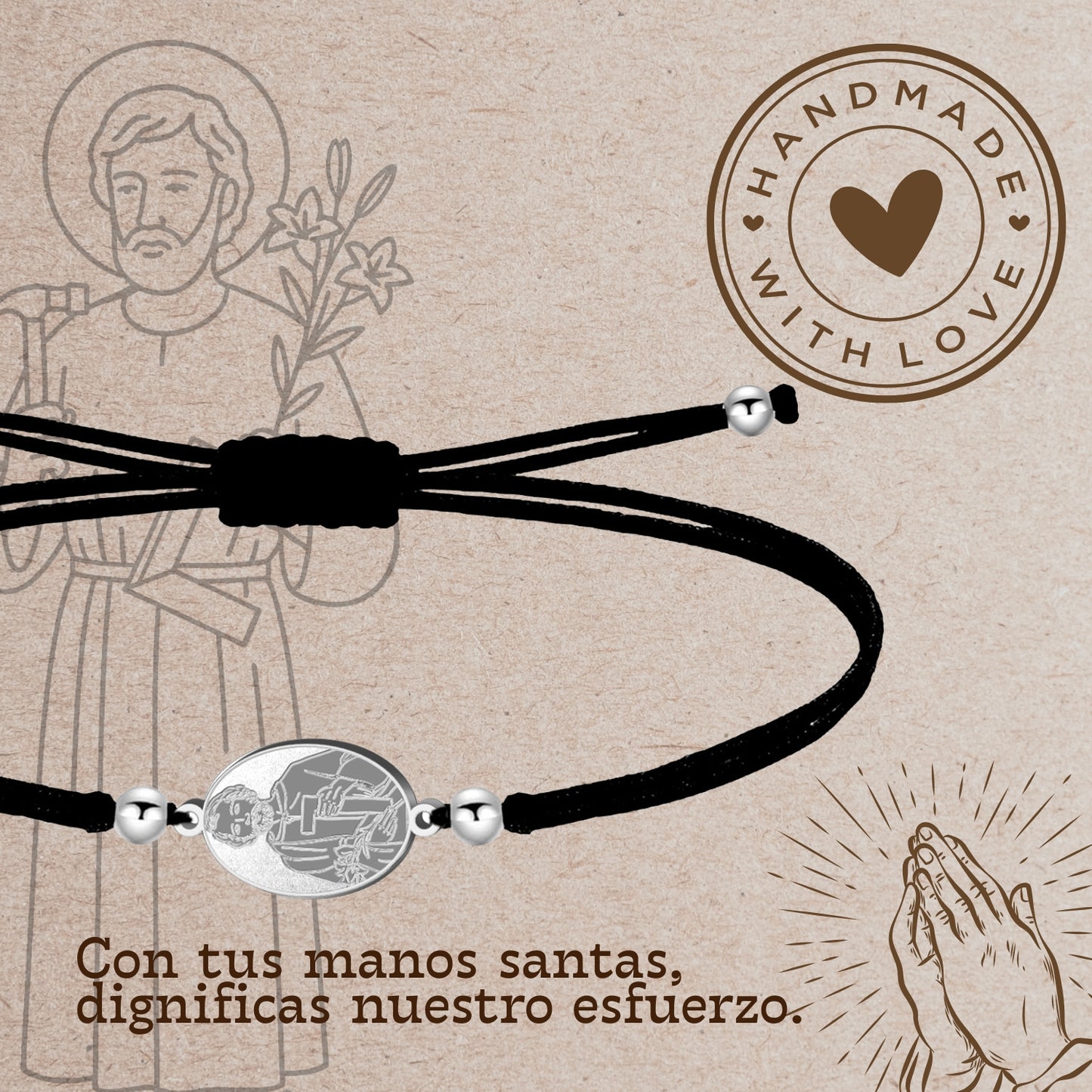 Pulsera Hilo Encerado con SAN JOSE OBRERO color Plateado