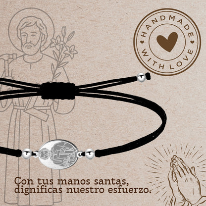 Pulsera Hilo Encerado con SAN JOSE OBRERO color Plateado