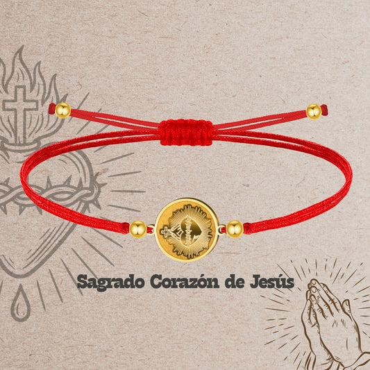 Pulsera Hilo Encerado con CORAZON DE JESUS color Dorado