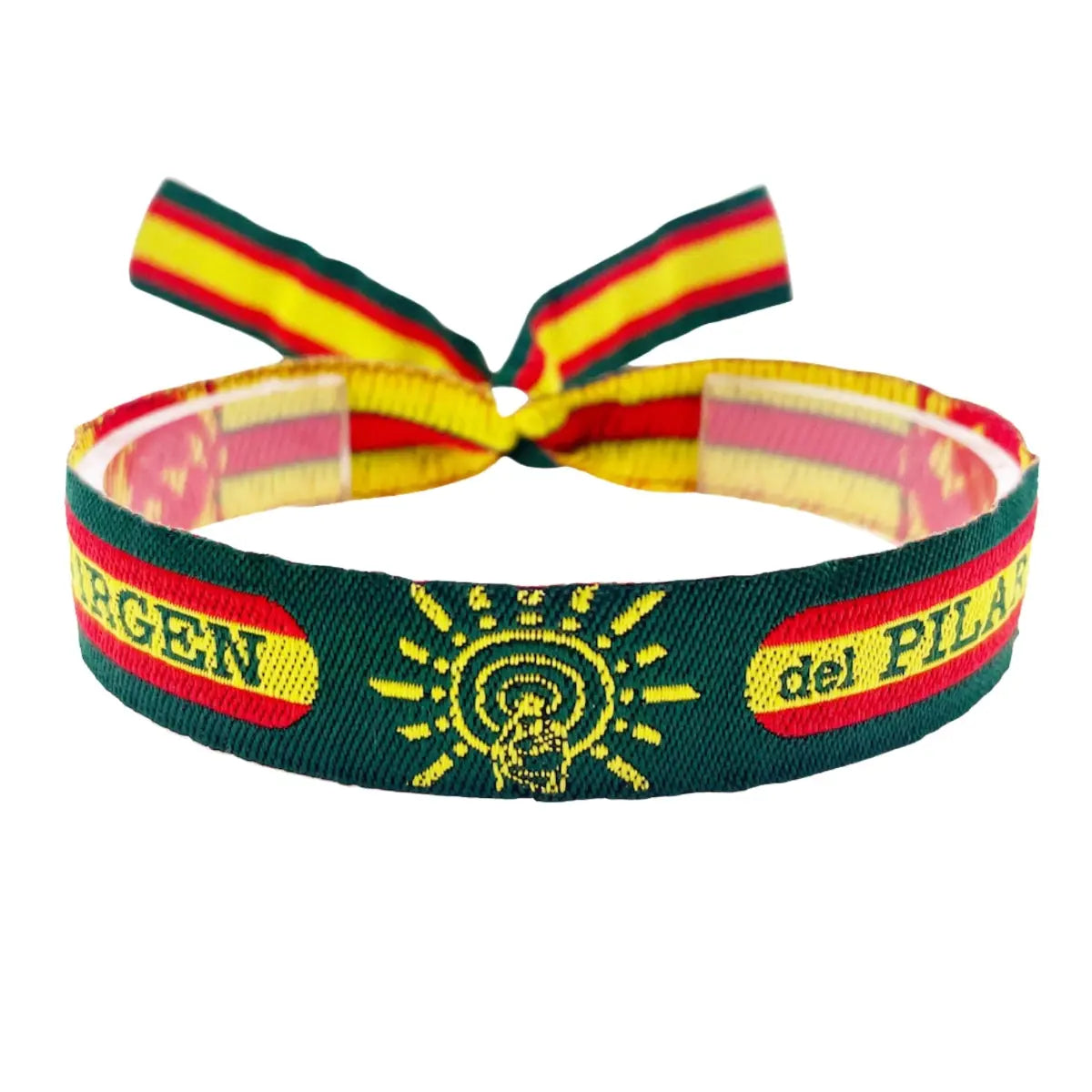 Pulsera de tela verde guardia civil con la bandera de España de fondo en el texto Virgen del Pilar y cierre de lazos rojigualdos.