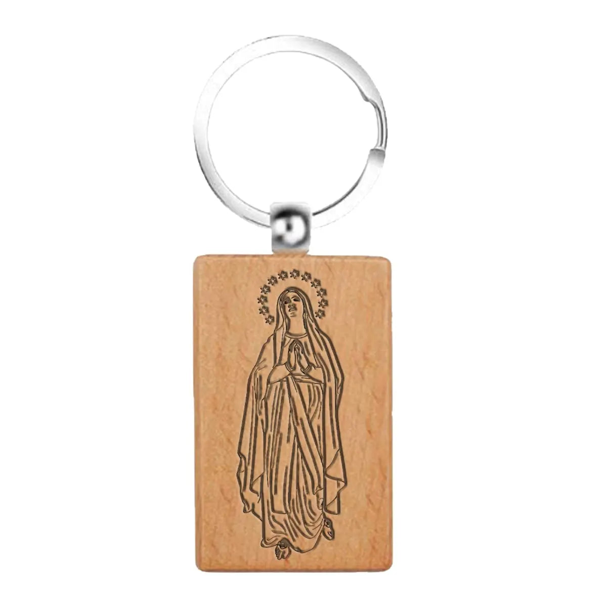 Llavero rectangular de madera natural grabado virgen de lourdes regalo religioso enfermos y devotos