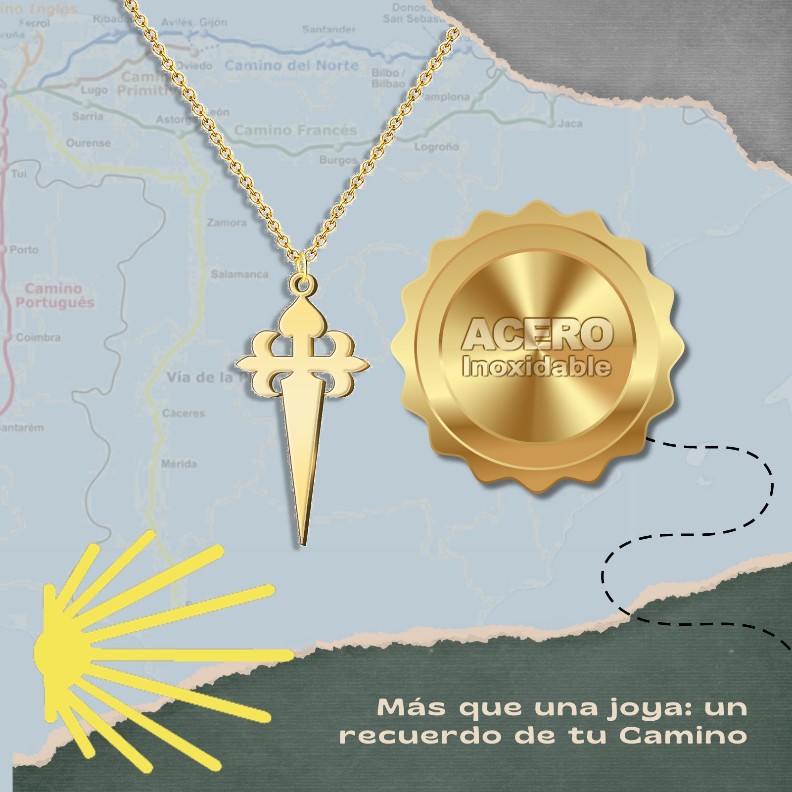 Colgante Cruz de Santiago de Acero Dorado cotigo