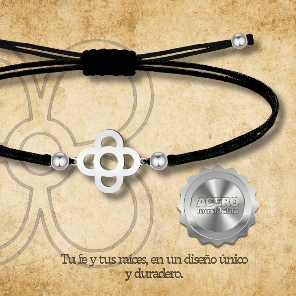 Pulsera Hilo encerado negro con Flor Barcelona Acero Plateado - cotigo
