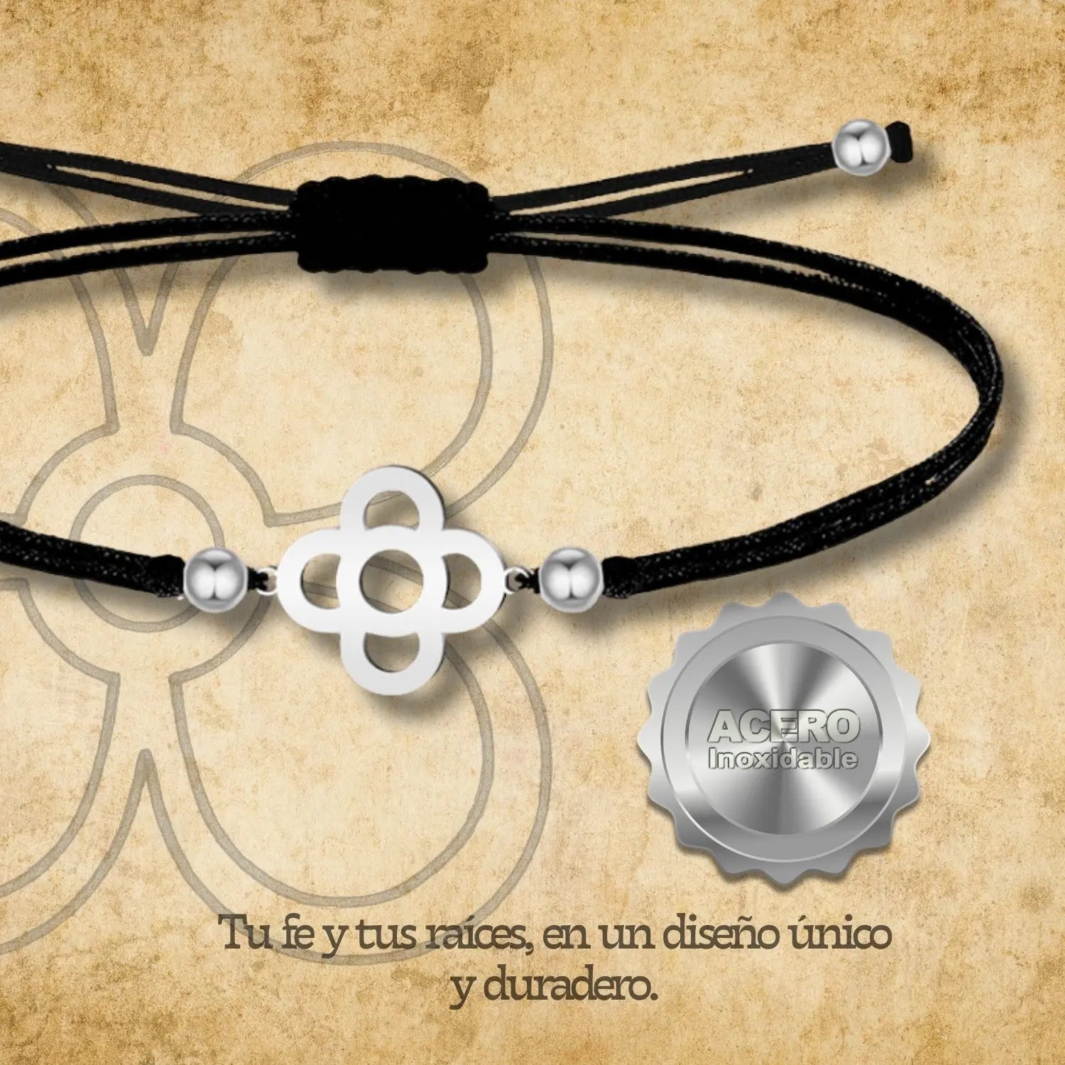 Pulsera Hilo encerado negro con Flor Barcelona Acero Plateado - cotigo