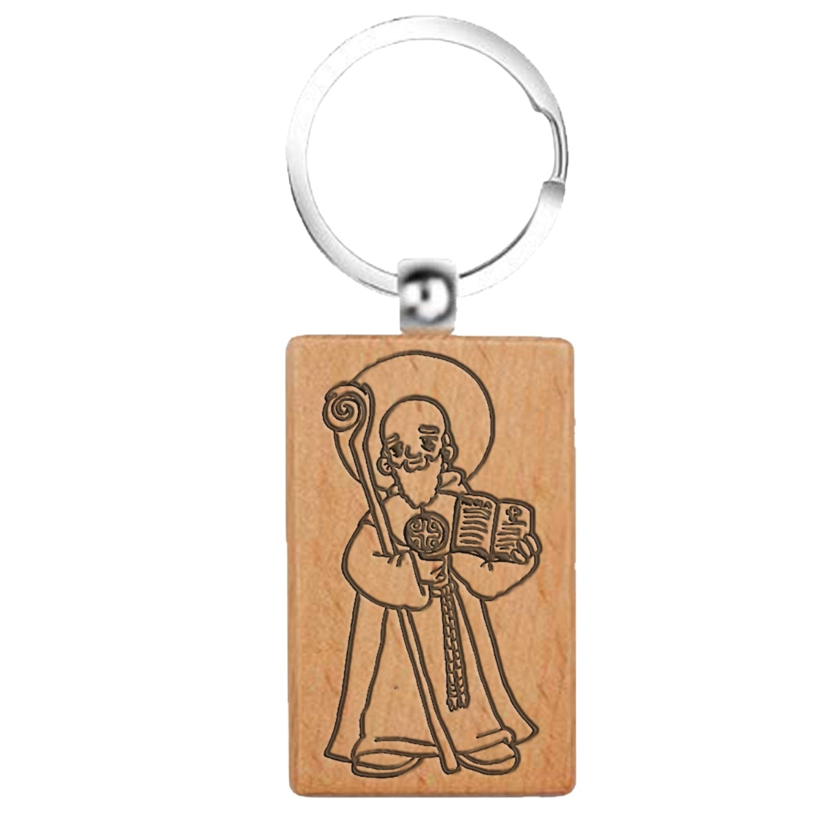 Llavero rectangular de madera natural con grabado láser de la imagen de San Benito, amuleto religioso ligero y artesanal.