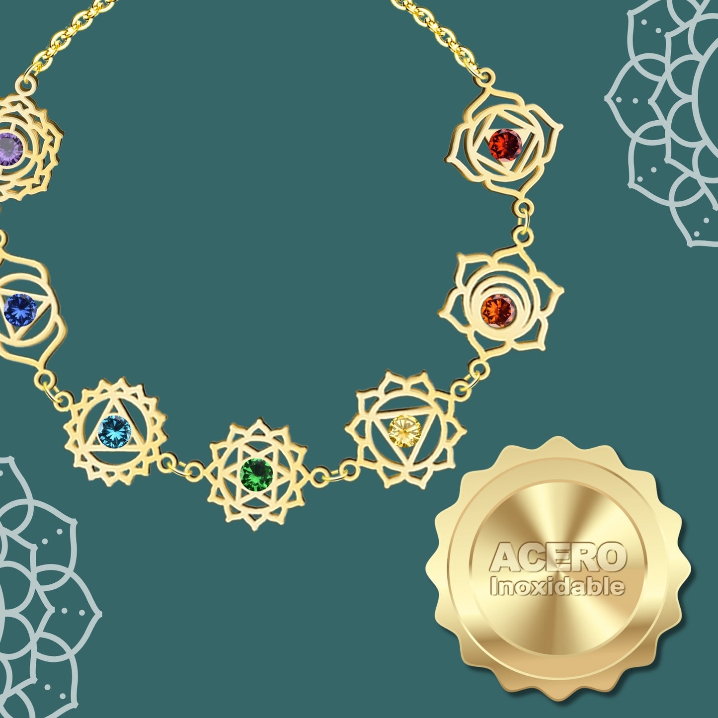 Pulsera 7 Chakras Acero Inoxidable , color Dorado✨ Amuleto Energético con Regalo Pulsera Nudo de Bruja