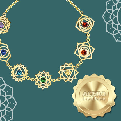 Pulsera 7 Chakras Acero Inoxidable , color Dorado✨ Amuleto Energético con Regalo Pulsera Nudo de Bruja