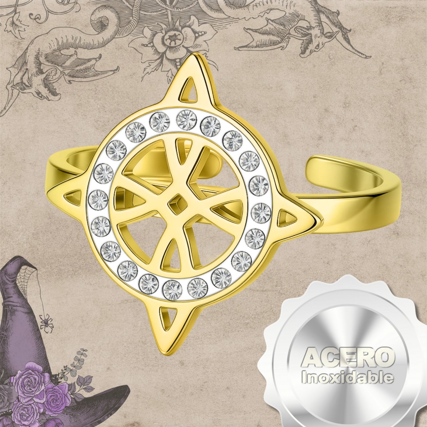 Anillo Nudo de Bruja – Acero Inoxidable Dorado, Amuleto de Protección con Caja de Regalo