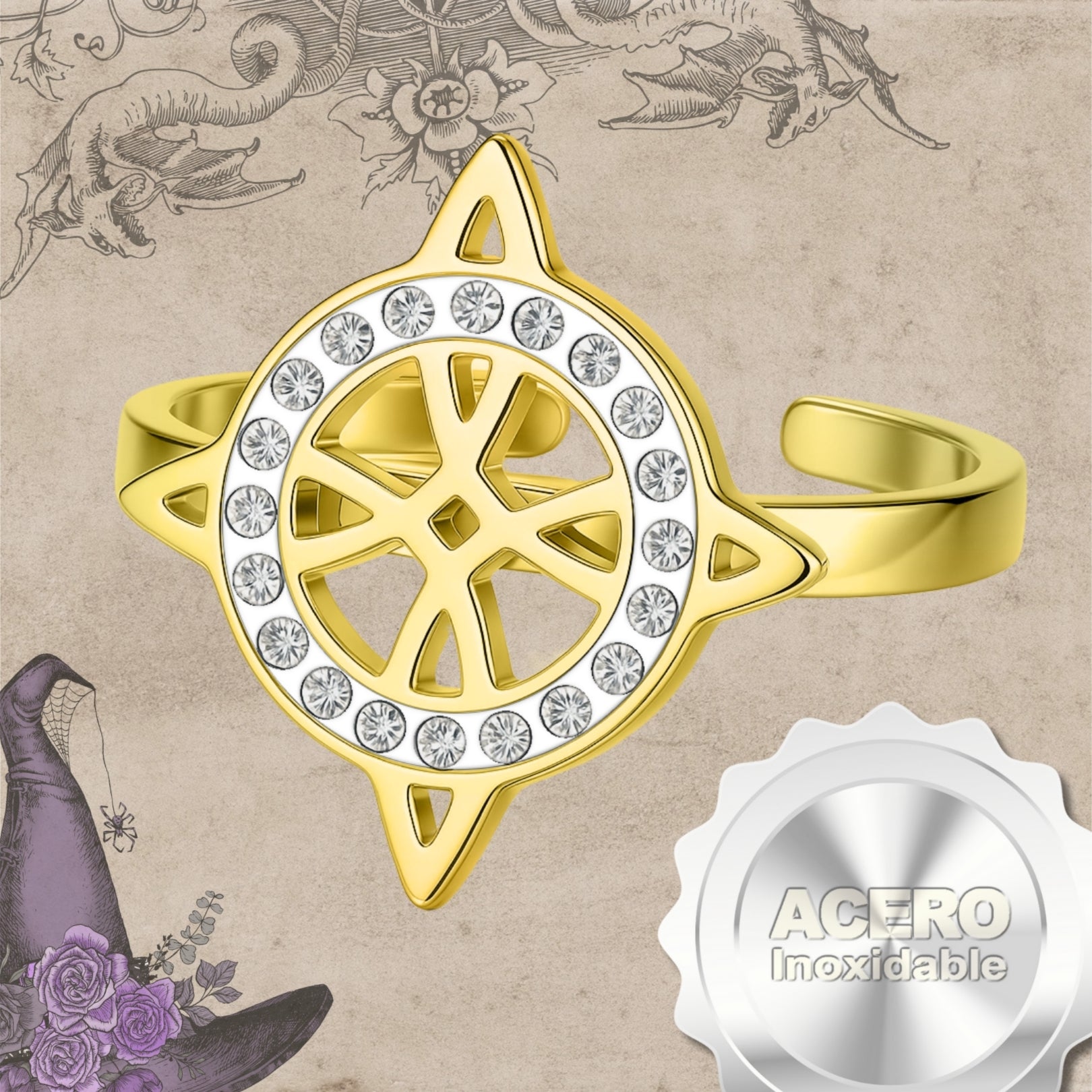 Anillo Nudo de Bruja con Circonitas en Acero Dorado - cotigo
