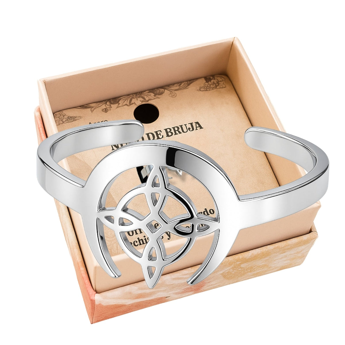 Anillo abierto de acero plateado con amuleto Nudo de Bruja y media luna en caja de regalo.