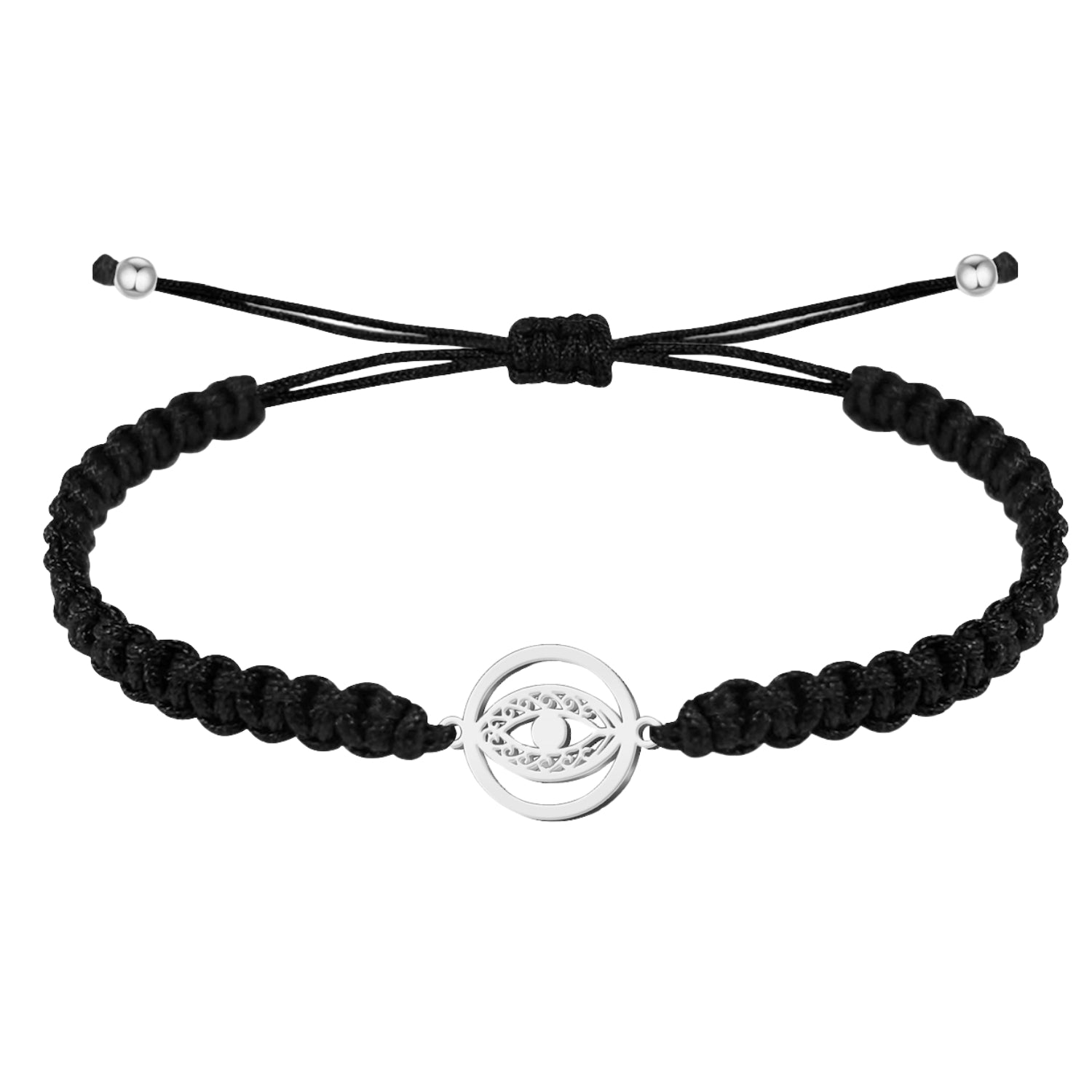 Pulsera negra de hilo del destino con Ojo Turco en acero plateado