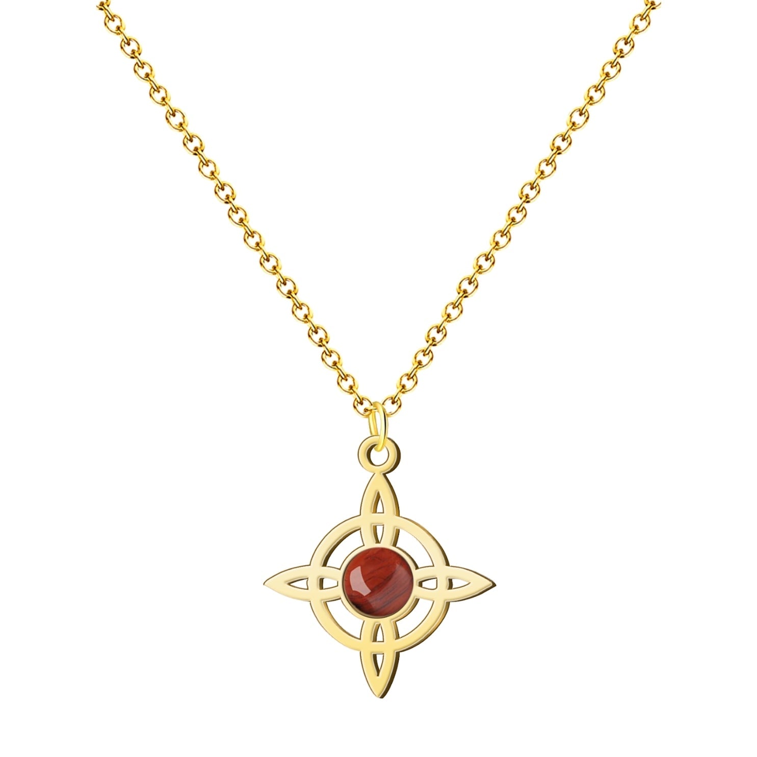 Colgante Nudo de Bruja con Jaspe Rojo en Acero Dorado cotigo