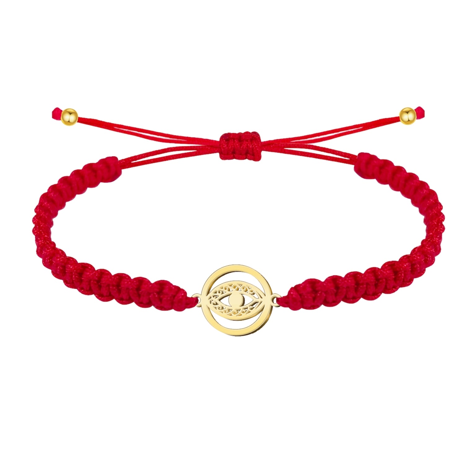 Pulsera de hilo rojo con Ojo Turco calado en acero dorado.