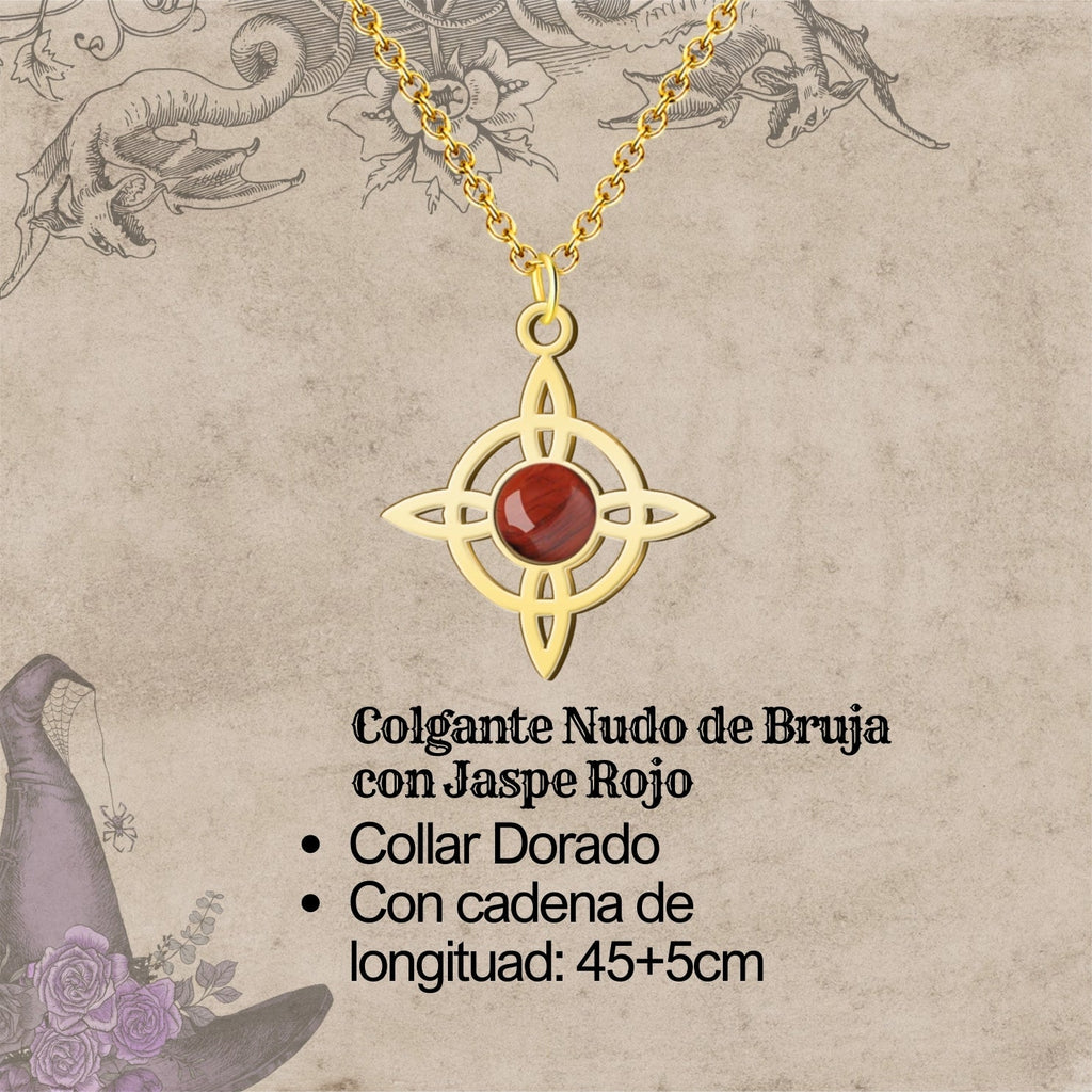 Colgante Nudo de Bruja con Jaspe Rojo en Acero Dorado cotigo