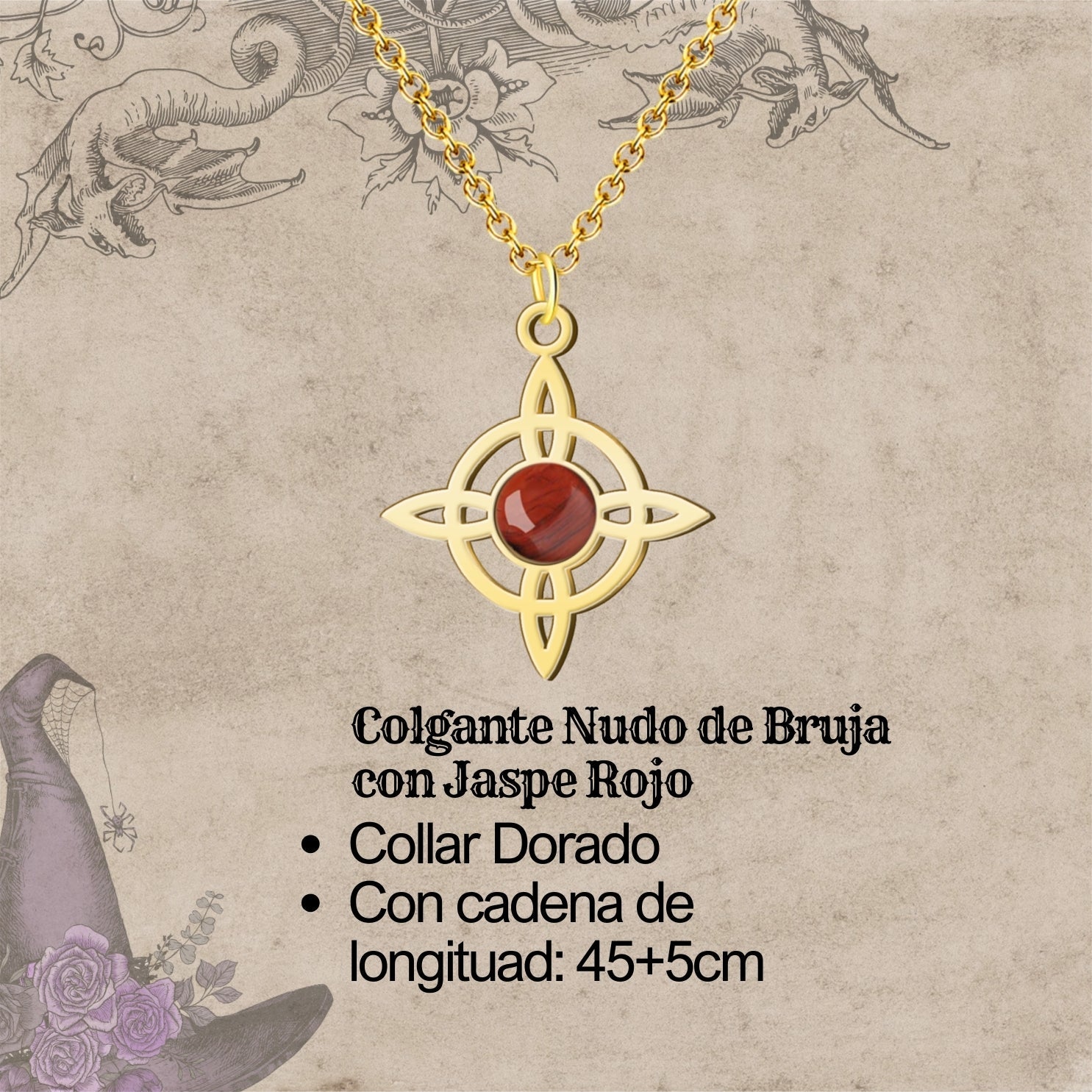 Colgante Nudo de Bruja con Jaspe Rojo en Acero Dorado cotigo