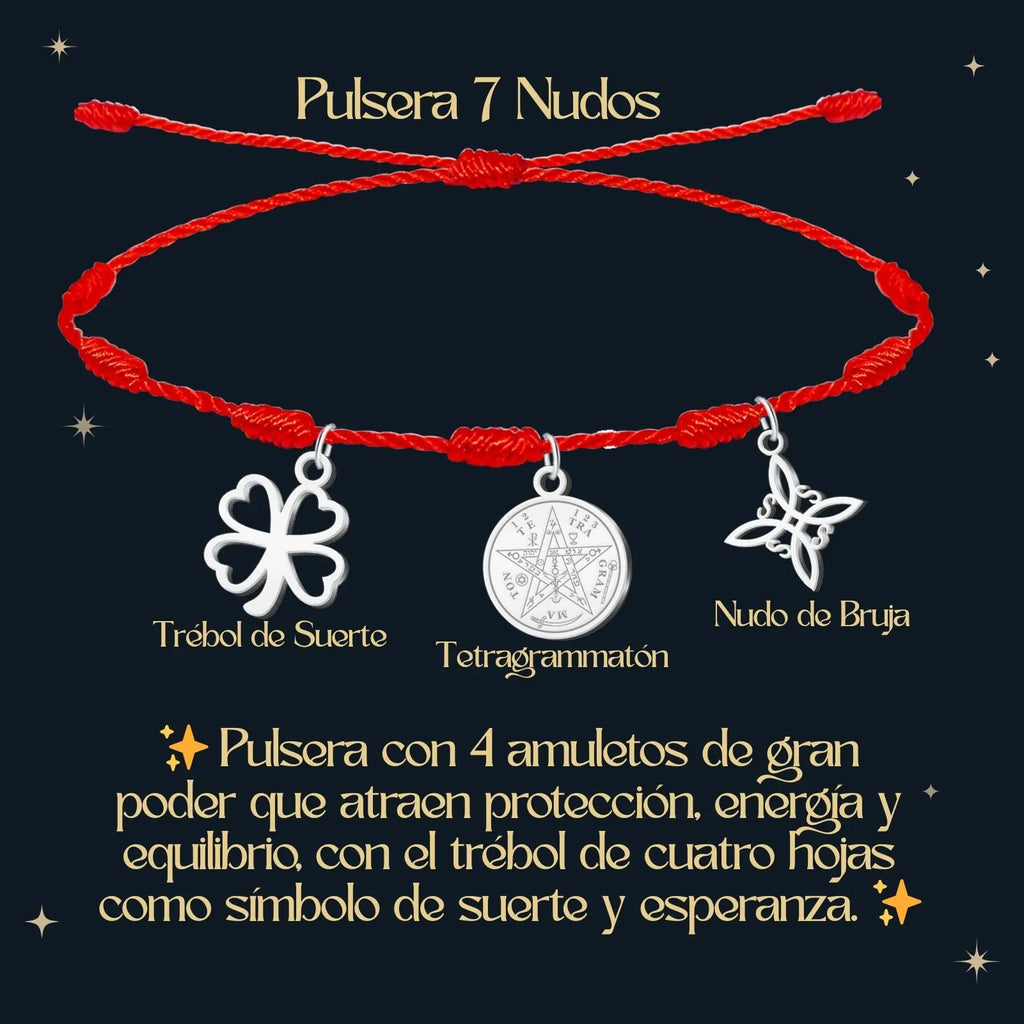 Pulsera 7 Nudos con Colgante Plateado: Tetragrammaton, Nudo de Bruja y Trébol de la Suerte - cotigo