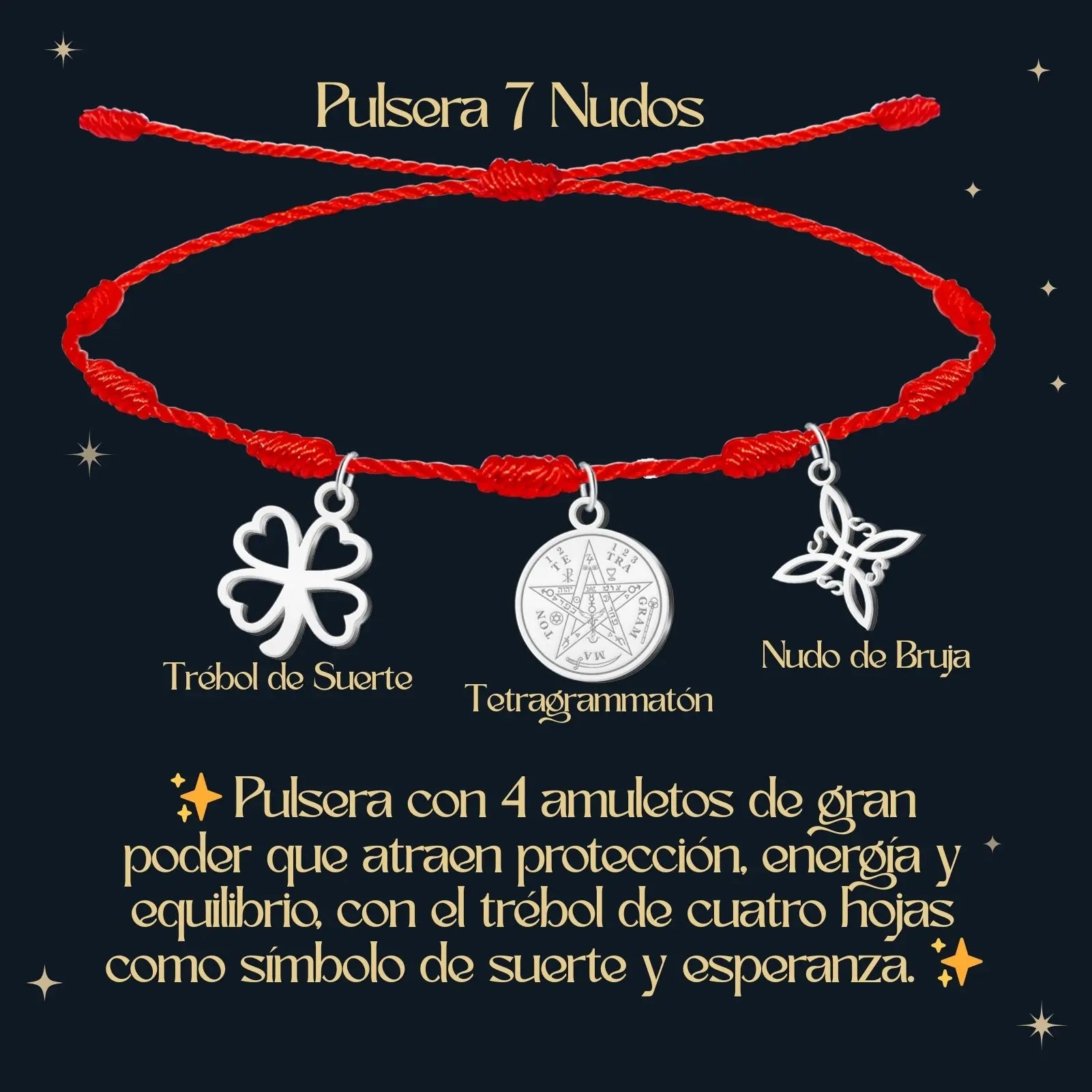 Pulsera 7 Nudos con Colgante Plateado: Tetragrammaton, Nudo de Bruja y Trébol de la Suerte - cotigo