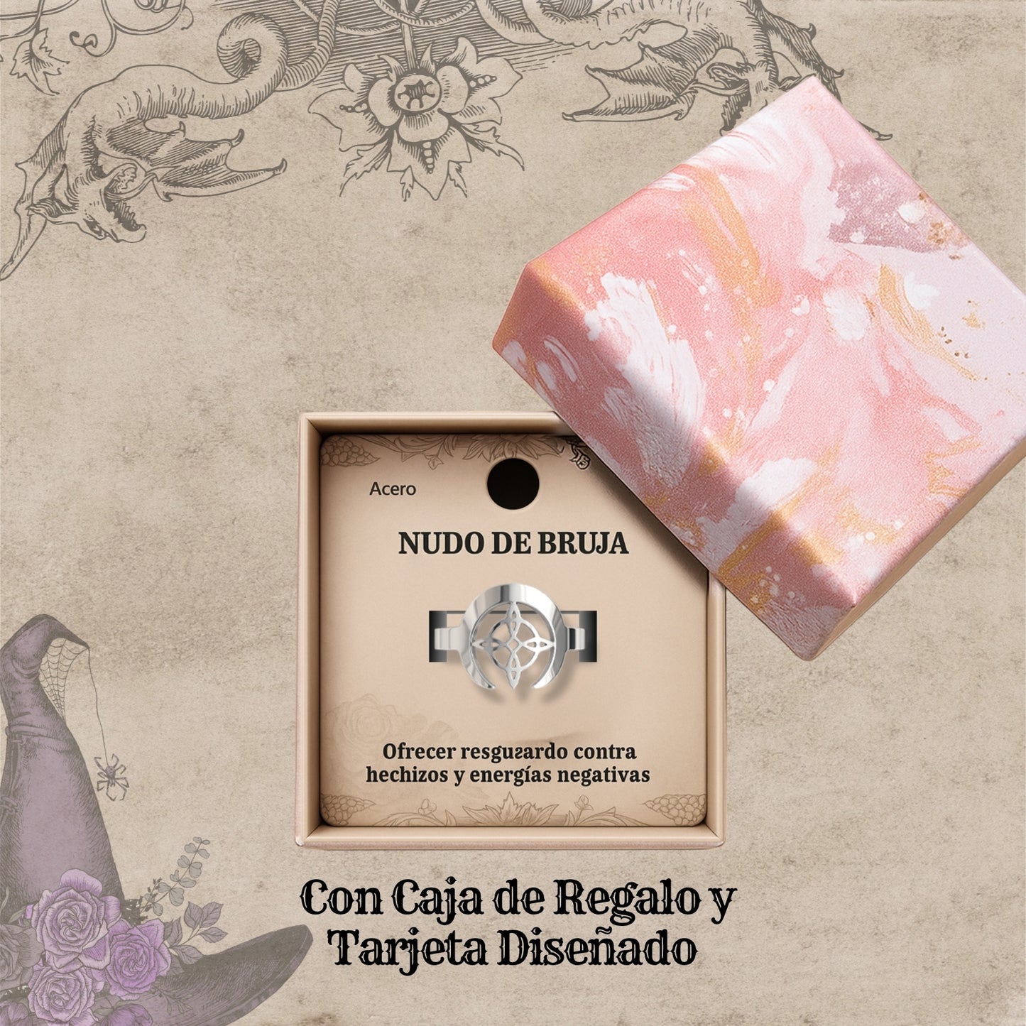 Anillo Nudo de Bruja – Acero Inoxidable Plateado, Amuleto de Protección con Caja de Regalo