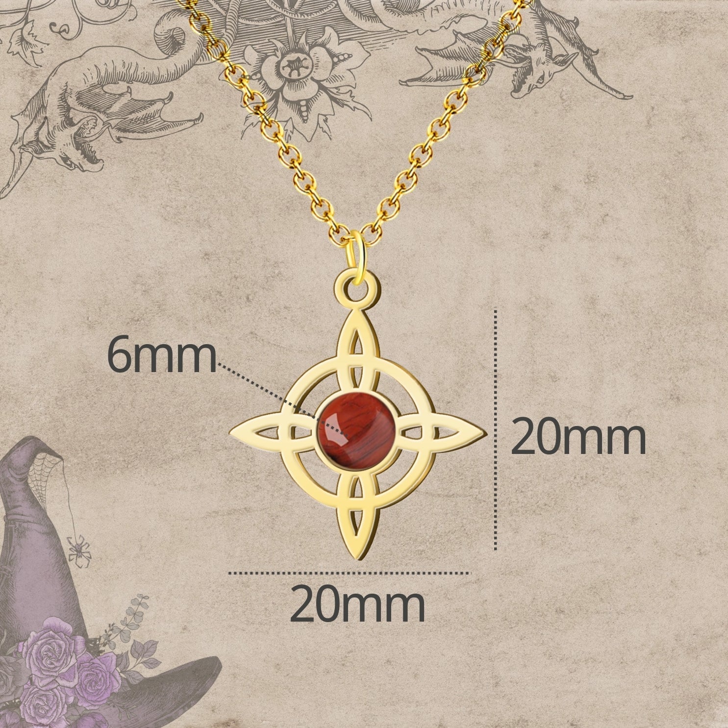 Colgante Nudo de Bruja con Jaspe Rojo en Acero Dorado cotigo