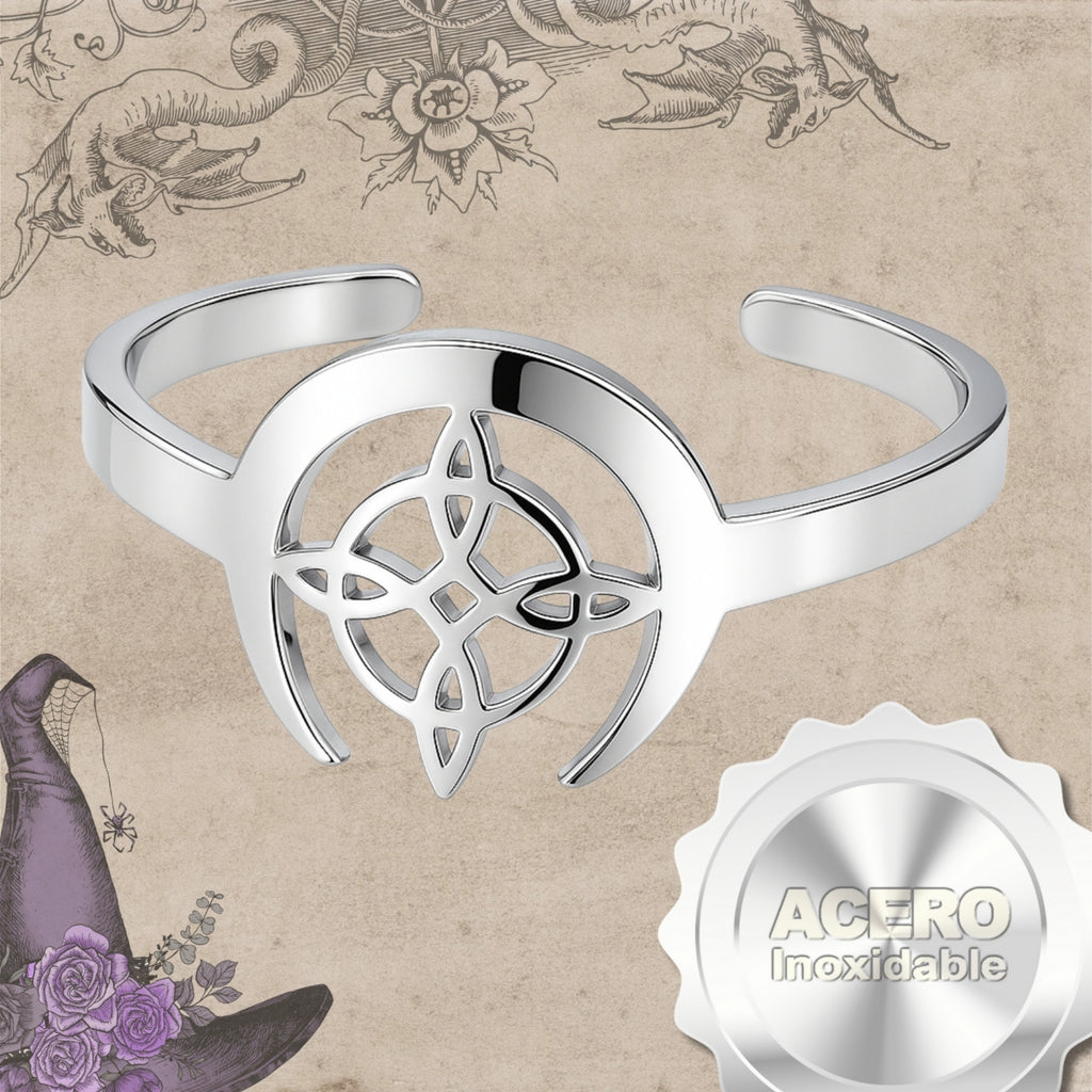 Anillo Nudo de Bruja en Acero Plateado con Luna acabado