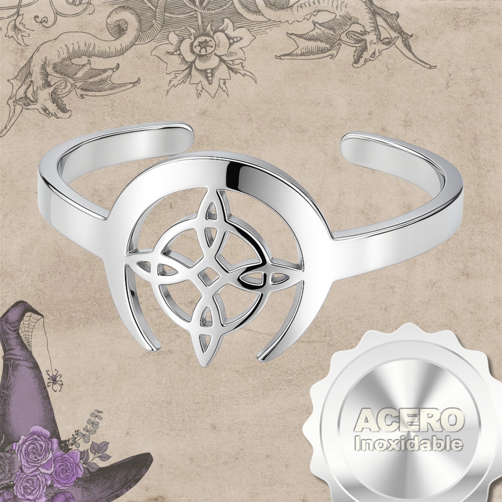 Anillo Nudo de Bruja en Acero Plateado con Luna acabado