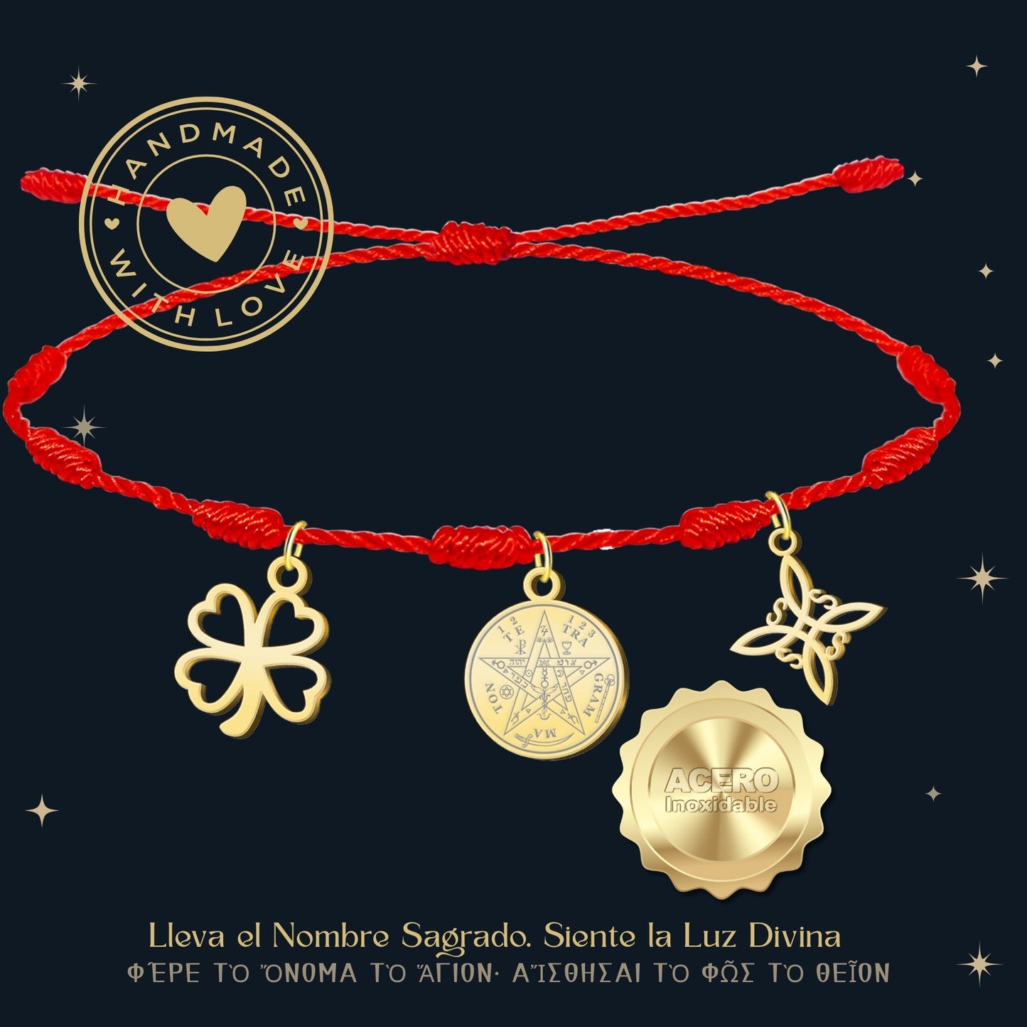 Pulsera 7 nudos con Nudo de Bruja y Tetragramatón, y Trébol de la Suerte Dorado Acero Inoxidable