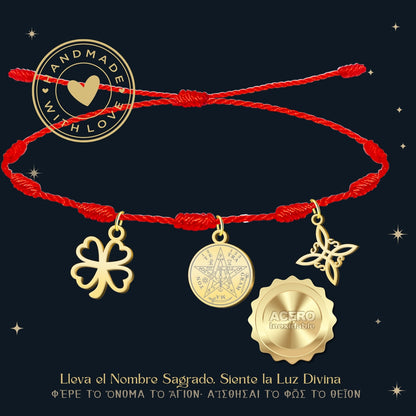 Pulsera 7 nudos con Nudo de Bruja y Tetragramatón, y Trébol de la Suerte Dorado Acero Inoxidable