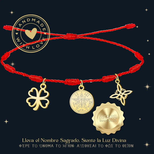 Pulsera 7 Nudos con Colgante Dorado: Tetragrammaton, Nudo de Bruja y Trébol de la Suerte - cotigo