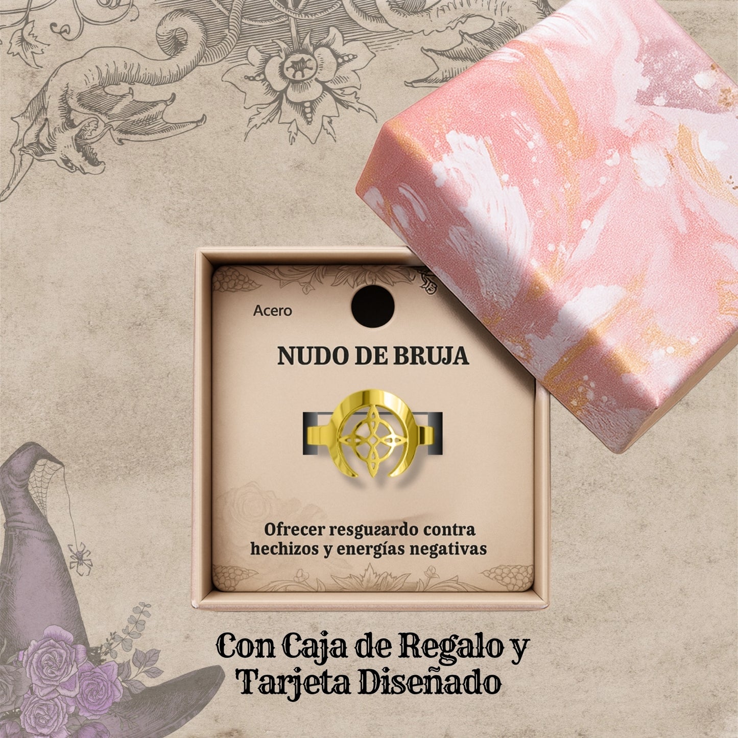 Anillo Nudo de Bruja – Acero Inoxidable Dorado, Amuleto de Protección con Caja de Regalo
