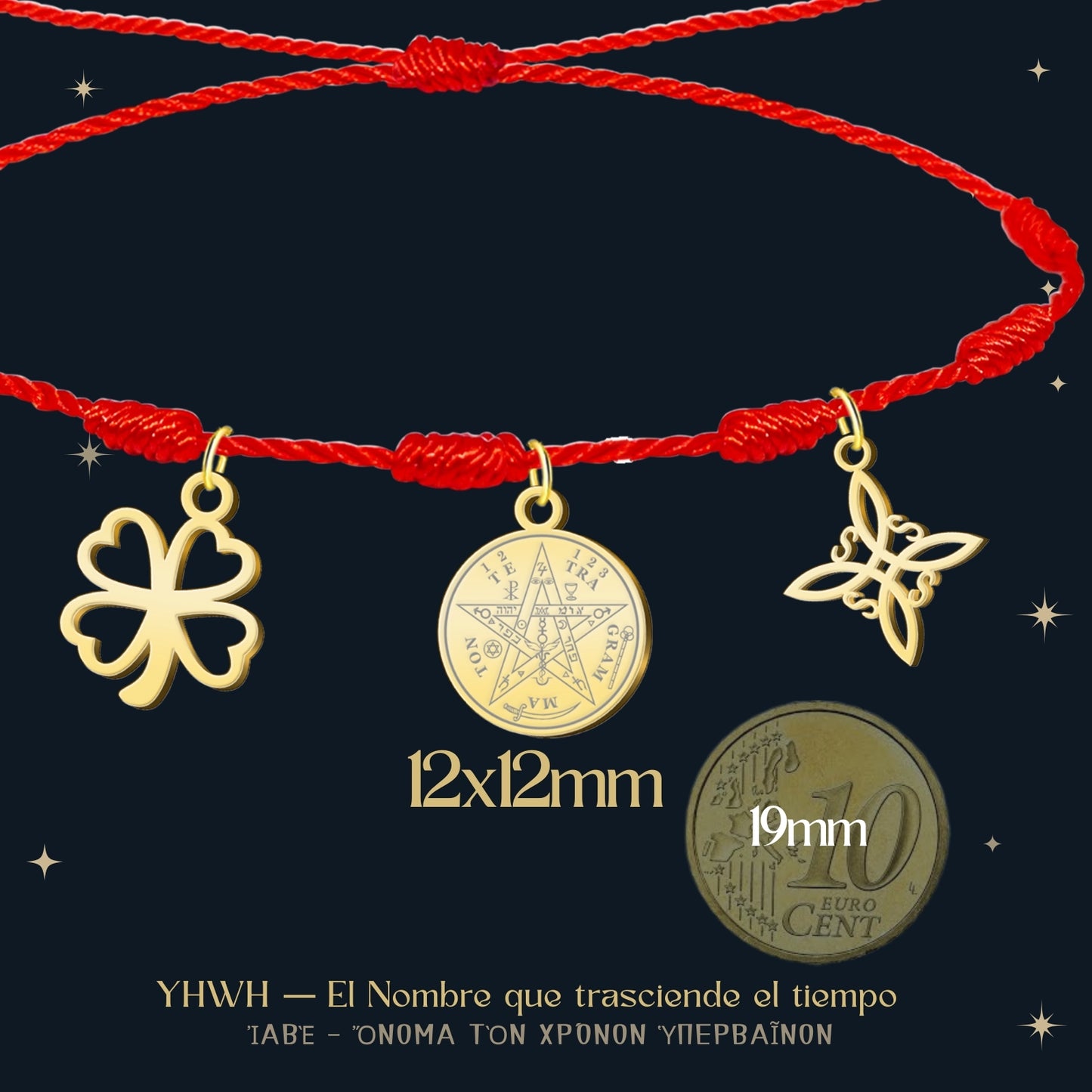Pulsera 7 nudos con Nudo de Bruja y Tetragramatón, y Trébol de la Suerte Dorado Acero Inoxidable