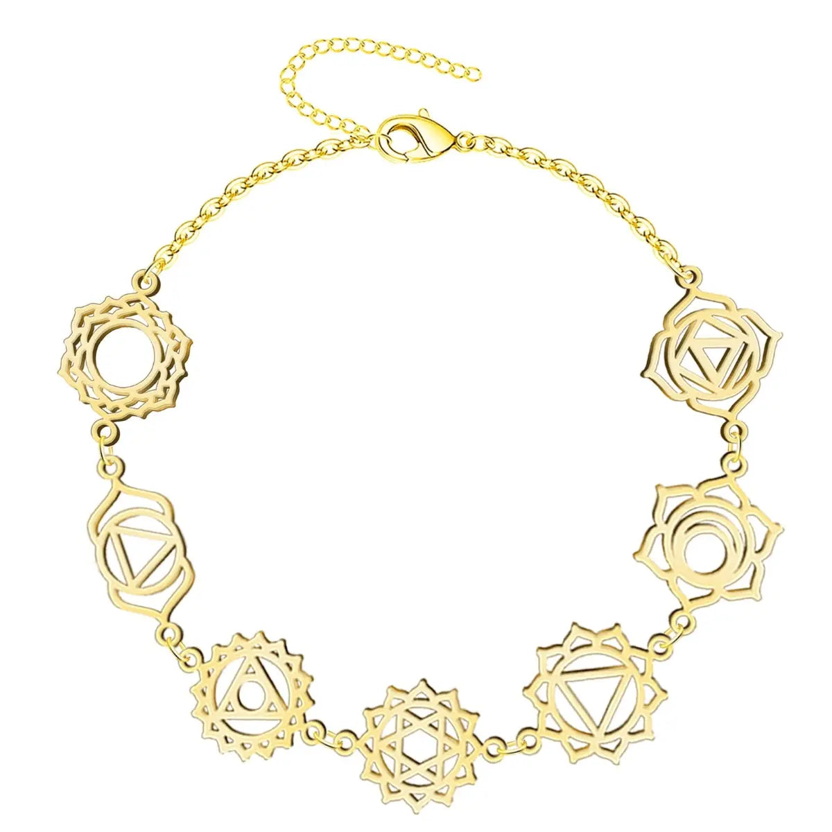 Pulsera 7 chakras dorada acero inoxidable mujer diseño calado sin piedras geometría sagrada