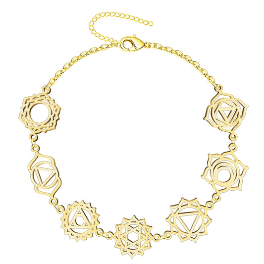 Pulsera 7 Chakras Acero Inoxidable , color Dorado✨ Amuleto Energético con Regalo Pulsera Nudo de Bruja