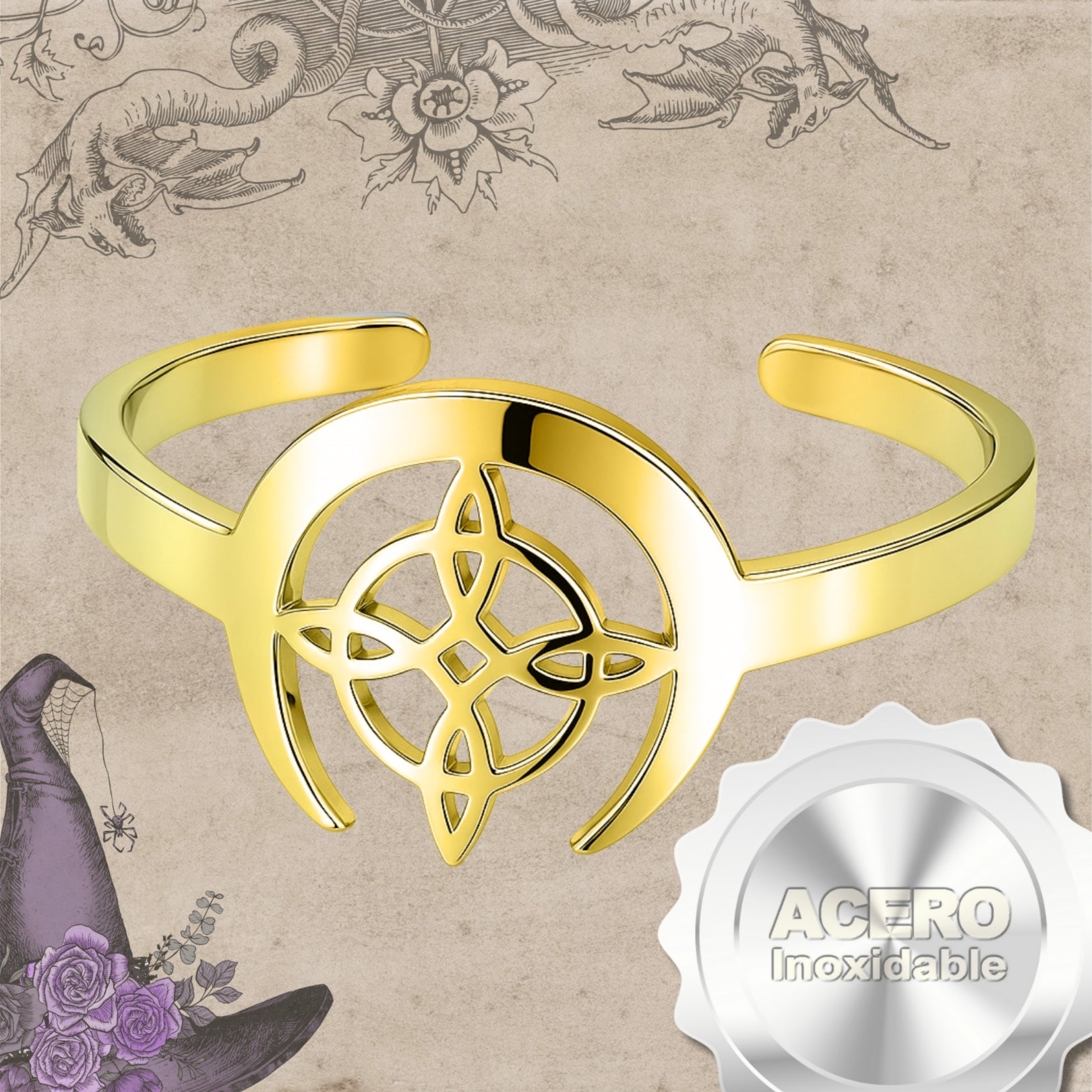 Anillo Nudo de Bruja en Acero Dorado con Luna - cotigo