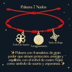 Pulsera 7 Nudos con Colgante Dorado: Tetragrammaton, Nudo de Bruja y Trébol de la Suerte - cotigo
