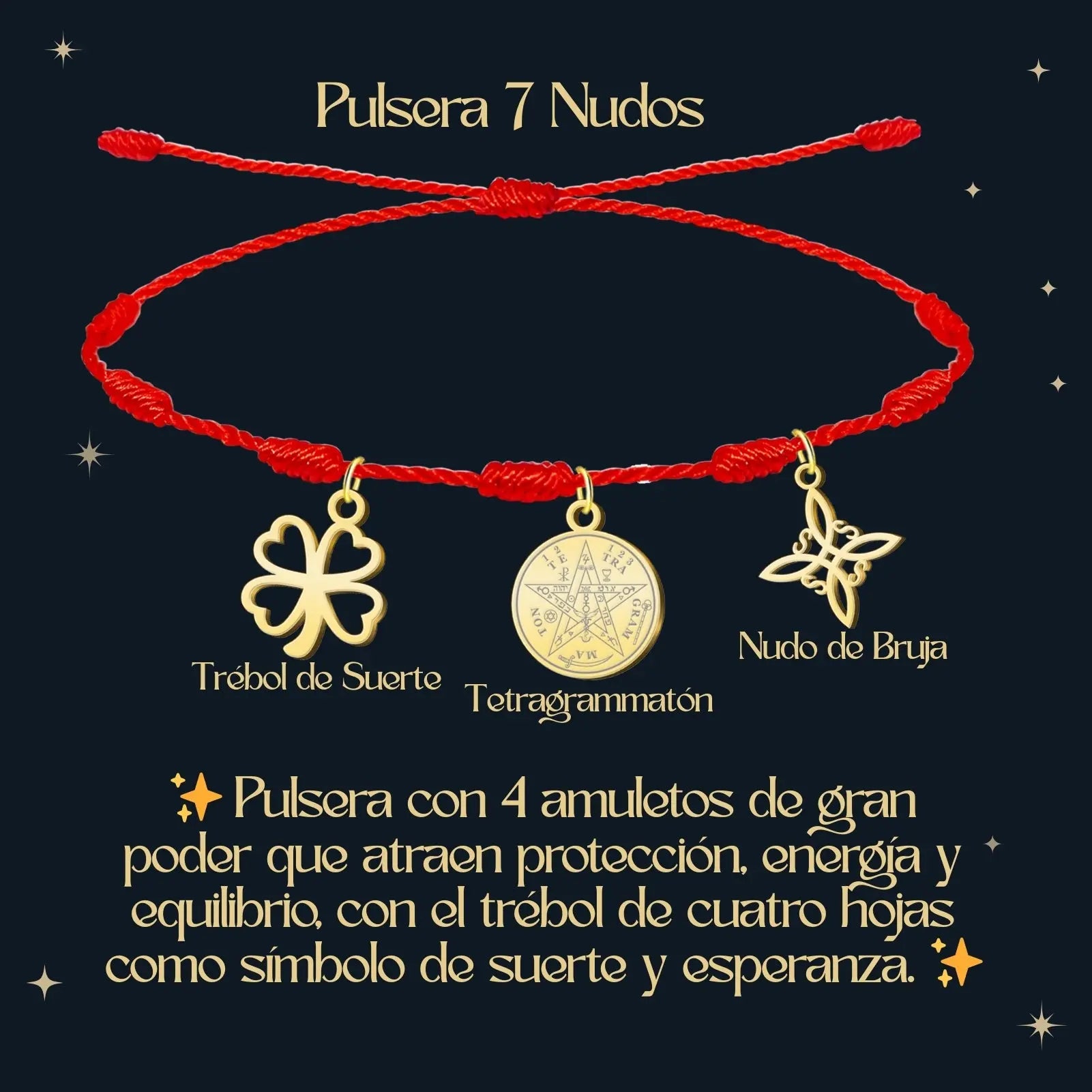 Pulsera 7 Nudos con Colgante Dorado: Tetragrammaton, Nudo de Bruja y Trébol de la Suerte - cotigo