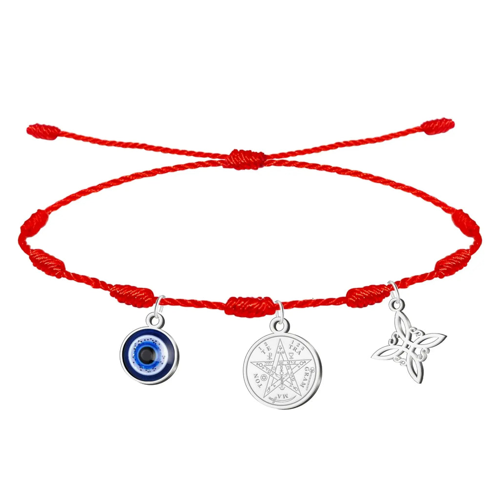 Pulsera 7 Nudos con Colgante Plateado: Tetragrammaton, Nudo de Bruja y Ojo Turco - cotigo