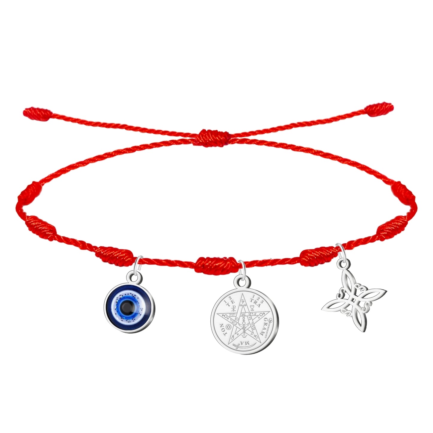 Pulsera 7 nudos con Nudo de Bruja y Tetragramatón, y Ojo Turco Plateado Acero Inoxidable