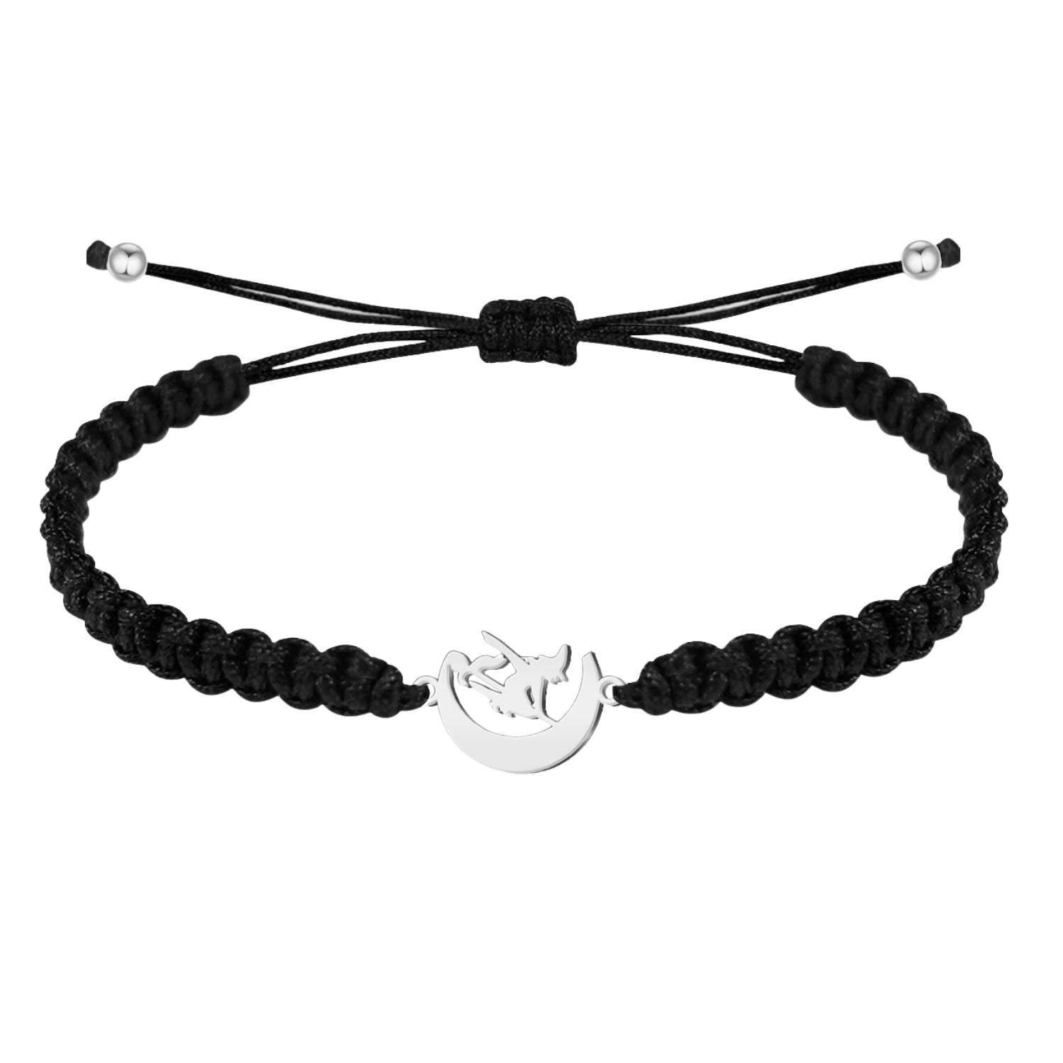 Pulsera negra de hilo del destino con Nudo de Bruja plateado