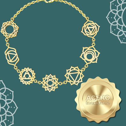 Pulsera 7 Chakras Acero Inoxidable , color Dorado✨ Amuleto Energético con Regalo Pulsera Nudo de Bruja