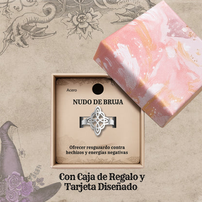 Anillo Nudo de Bruja – Acero Inoxidable Plateado, Amuleto de Protección con Caja de Regalo