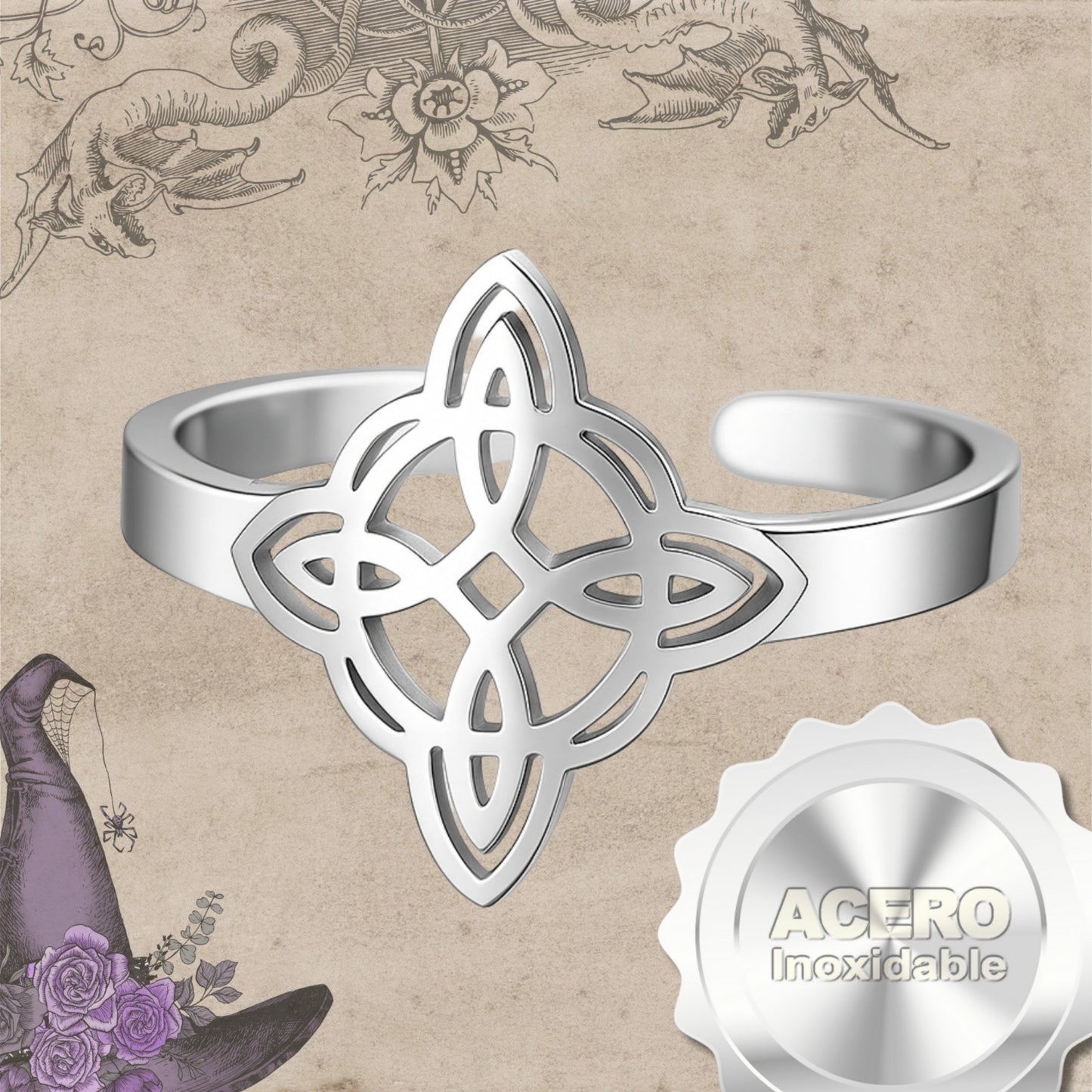 Anillo Nudo de Bruja – Acero Inoxidable Plateado, Amuleto de Protección con Caja de Regalo