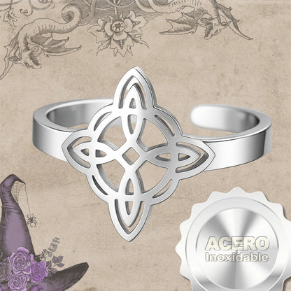 Anillo Nudo de Bruja – Acero Inoxidable Plateado, Amuleto de Protección con Caja de Regalo