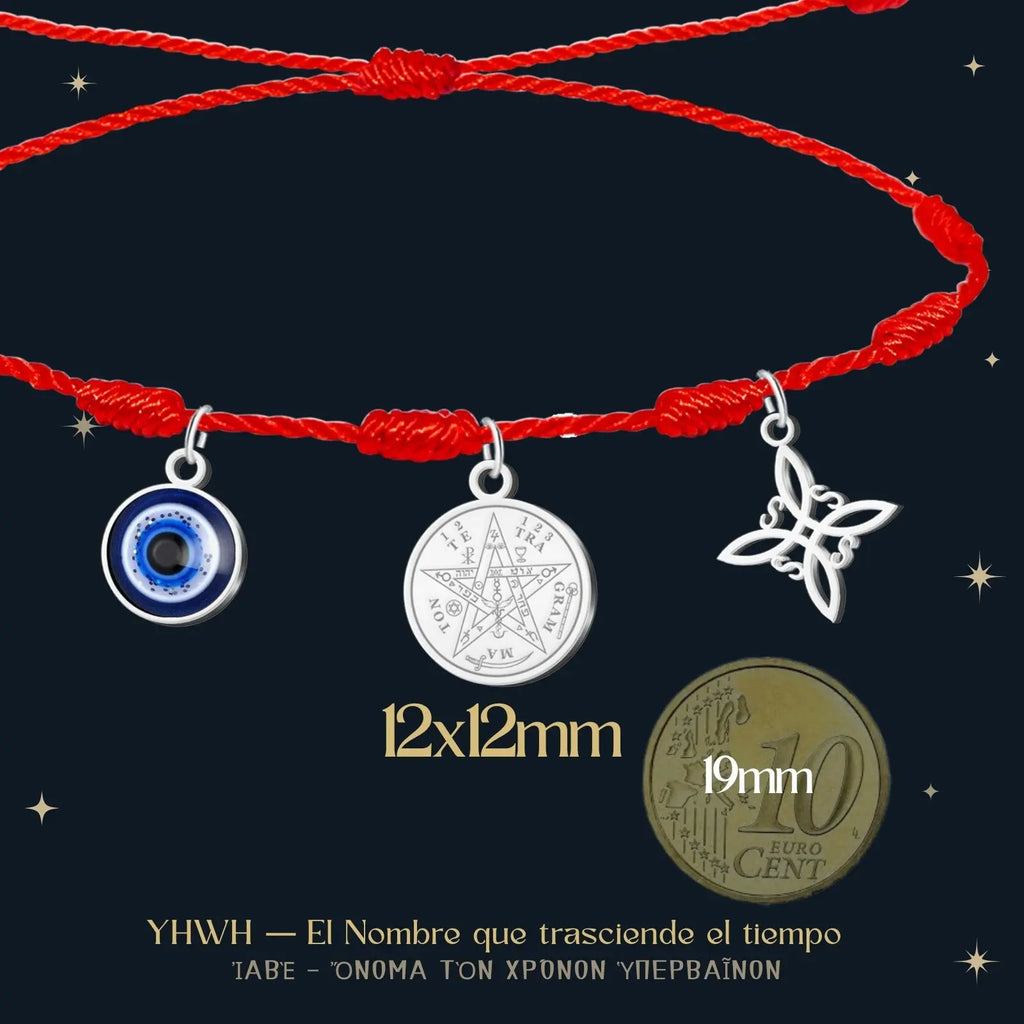 Pulsera 7 Nudos con Colgante Plateado: Tetragrammaton, Nudo de Bruja y Ojo Turco - cotigo