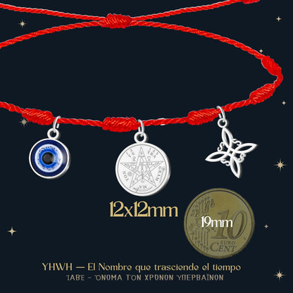 Pulsera 7 nudos con Nudo de Bruja y Tetragramatón, y Ojo Turco Plateado Acero Inoxidable
