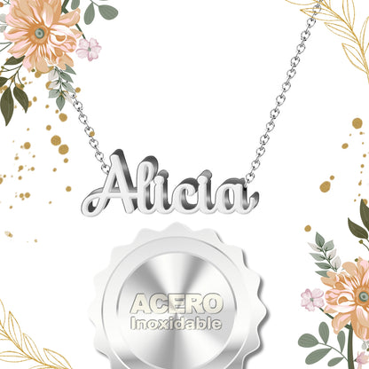 Collar con Nombre en Acero Inoxidable, Color Plateado, Incluye Tarjeta con el Significado de 60 Nombres + Caja de Regalo  y Pulsera 7 Nudos de Regalo