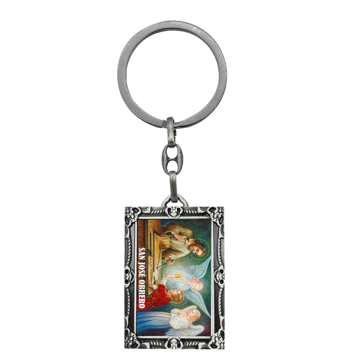 Llavero religioso rectangular con marco ornamentado de estilo vintage y una imagen detallada a todo color de San José Obrero trabajando en su taller de carpintería junto al Niño Jesús.